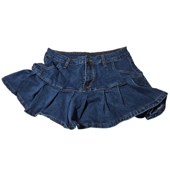 Retro Y2K Denim Ruffle Mini Skirt Size Medium Blue Jean Stretch Stylish Casual - Picture 1 of 3